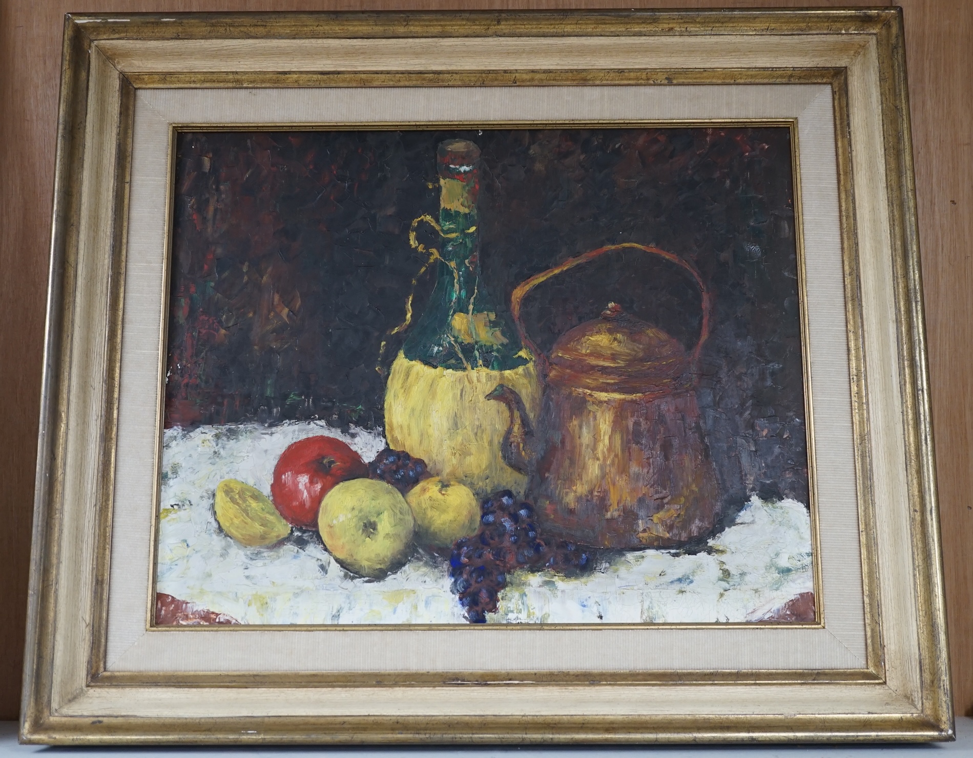 Impressionist oil on board, Still life of fruit and vessels, unsigned, 39 x 49cm. Condition - good
